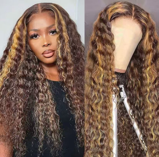 Niki Hair Deep Curly Color #4/#27 Glueless Pre Plucked Lace Frontal Wigs(ID:10022)