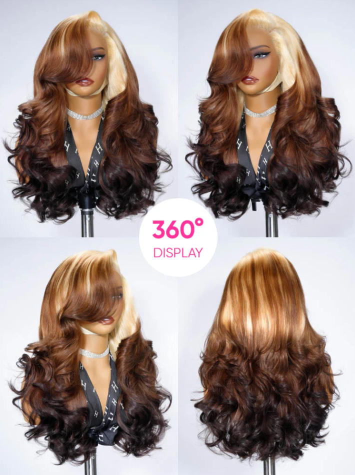 NIiki Hair Left Part Blonde Brown Ombre Body Wave Lace Front Wigs (50013)