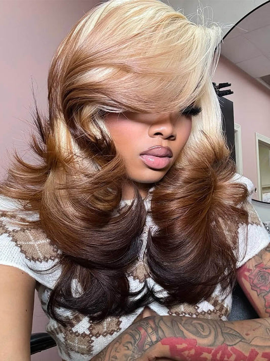 NIiki Hair Left Part Blonde Brown Ombre Body Wave Lace Front Wigs (50013)