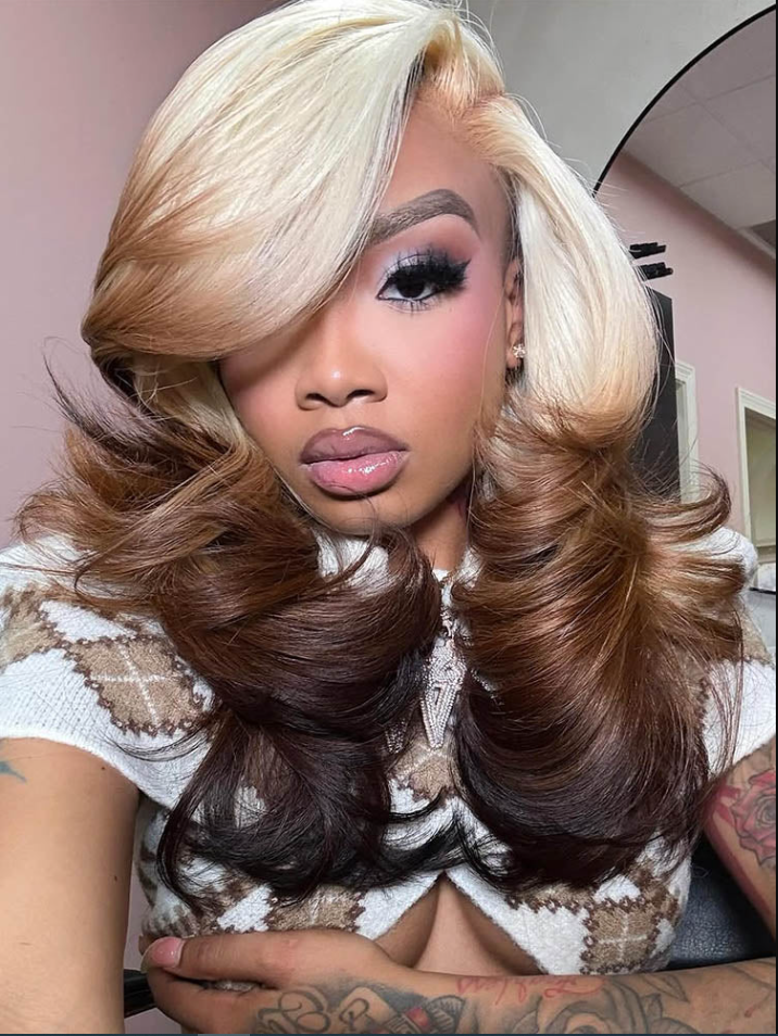 NIiki Hair Left Part Blonde Brown Ombre Body Wave Lace Front Wigs (50013）