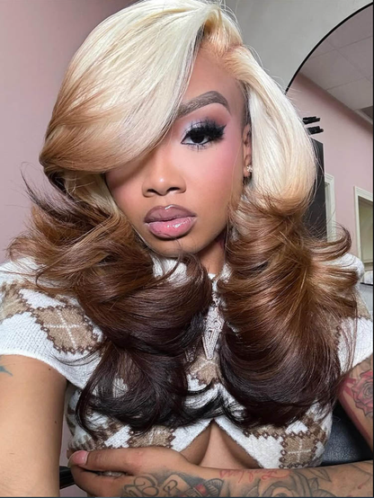 NIiki Hair Left Part Blonde Brown Ombre Body Wave Lace Front Wigs (50013）
