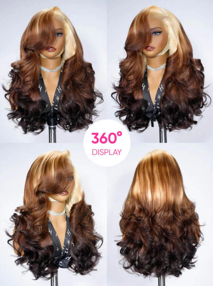 NIiki Hair Left Part Blonde Brown Ombre Body Wave Lace Front Wigs (50013）