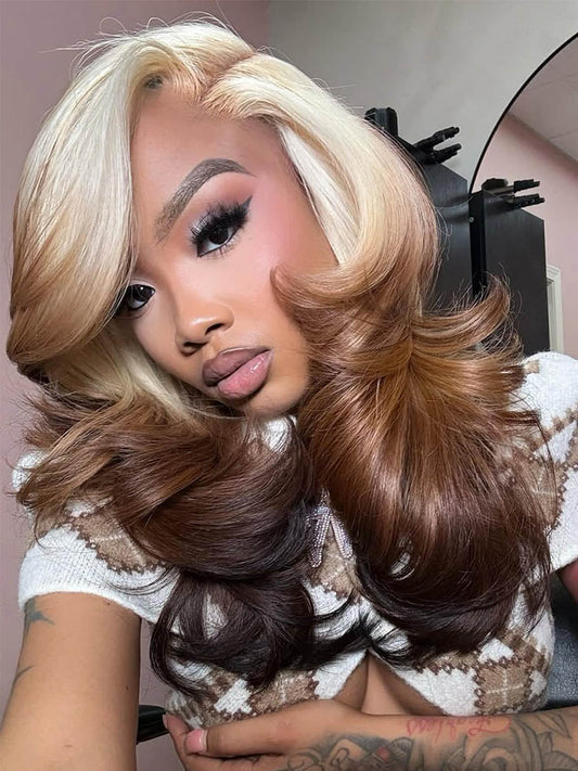 NIiki Hair Left Part Blonde Brown Ombre Body Wave Lace Front Wigs (50013）