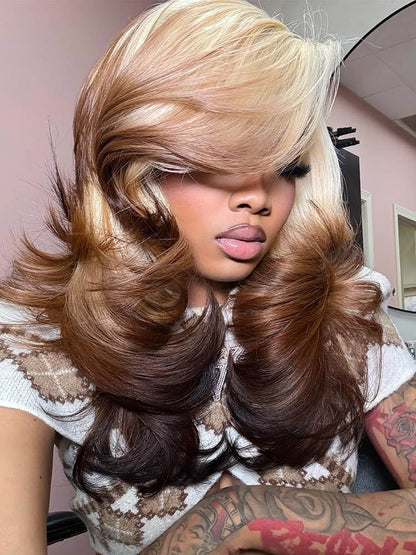 NIiki Hair Left Part Blonde Brown Ombre Body Wave Lace Front Wigs (50013）