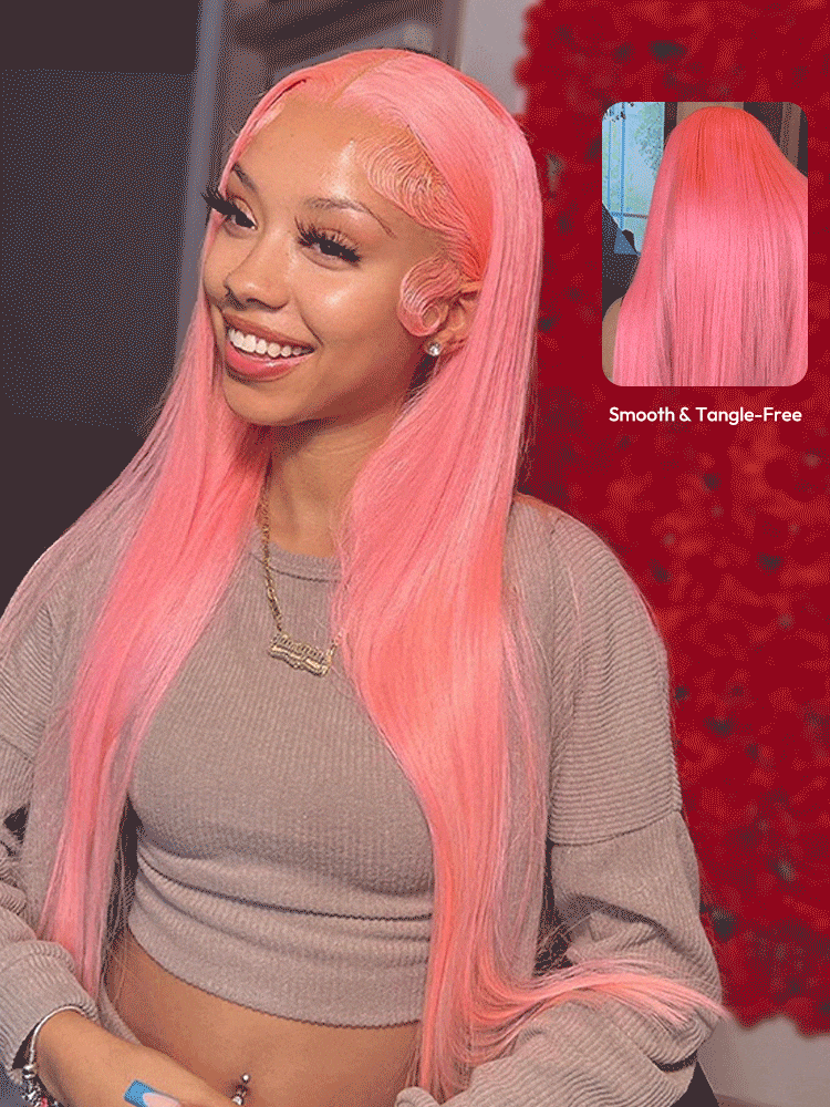 NIiki Hair Middle Parting Rose Pink Silk Straight Lace Wigs (50014）