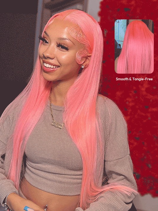 NIiki Hair Middle Parting Rose Pink Silk Straight Lace Wigs (50014）