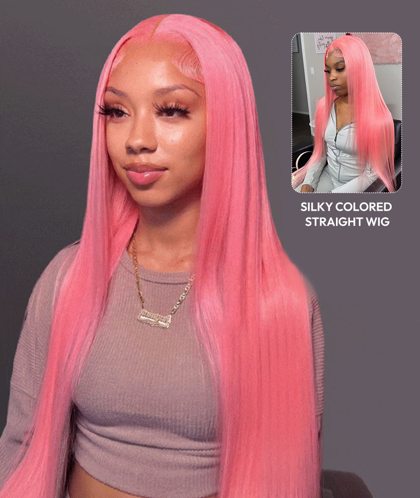 NIiki Hair Middle Parting Rose Pink Silk Straight Lace Wigs (50014）
