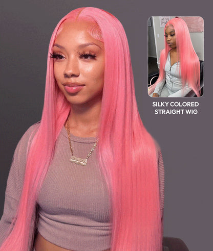 NIiki Hair Middle Parting Rose Pink Silk Straight Lace Wigs (50014）