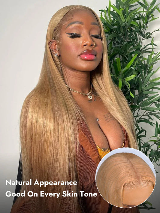 NIiki Hair Free Parting Honey Blonde Silk Straight Lace Wigs (50012）