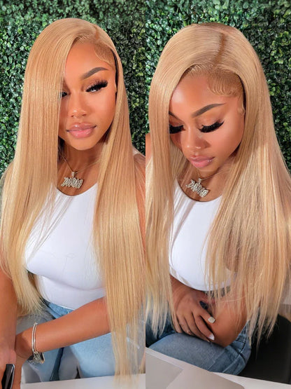 NIiki Hair Free Parting Honey Blonde Silk Straight Lace Wigs (50012）
