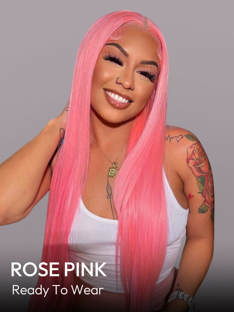 NIiki Hair Middle Parting Rose Pink Silk Straight Lace Wigs (50014）