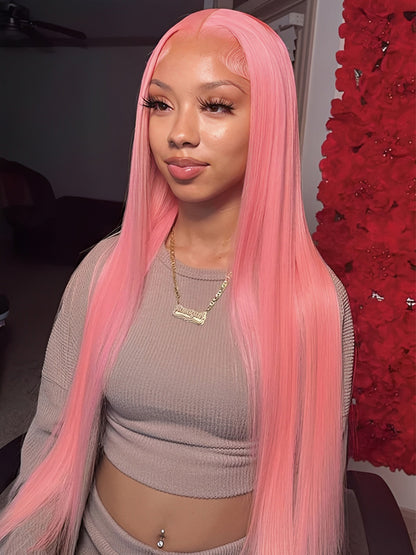 NIiki Hair Middle Parting Rose Pink Silk Straight Lace Wigs (50014）