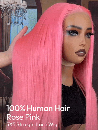 NIiki Hair Middle Parting Rose Pink Silk Straight Lace Wigs (50014）